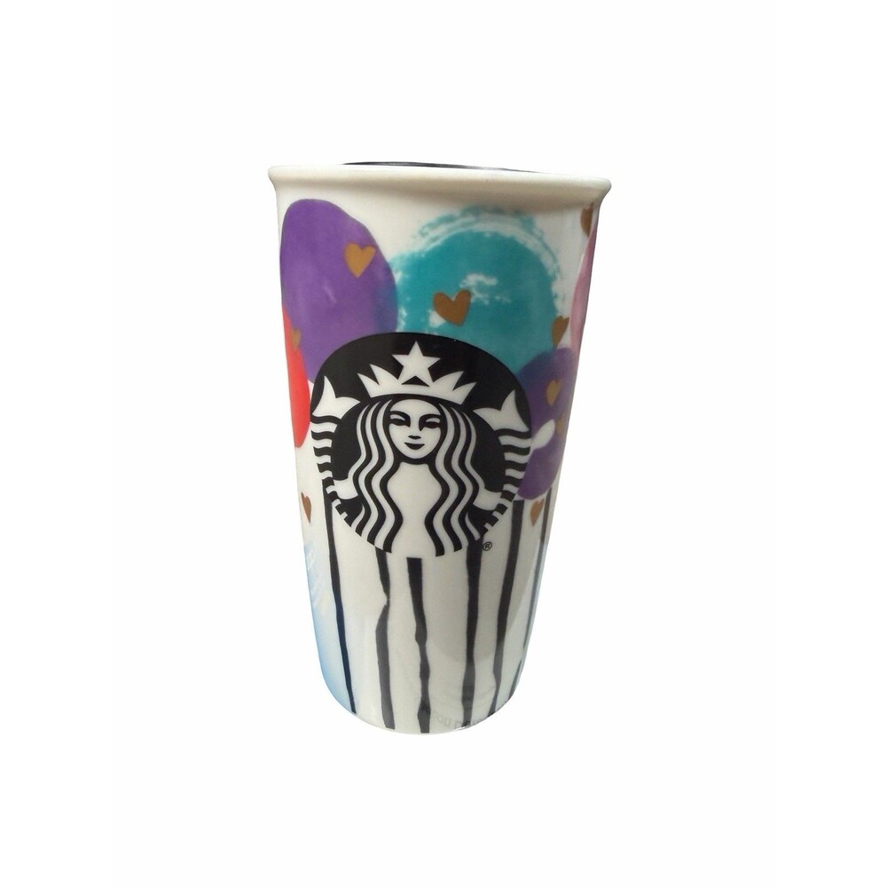 Starbucks 2016 Valentine Gold Hearts Balloons Ceramic 12 oz Tumbler With Lid